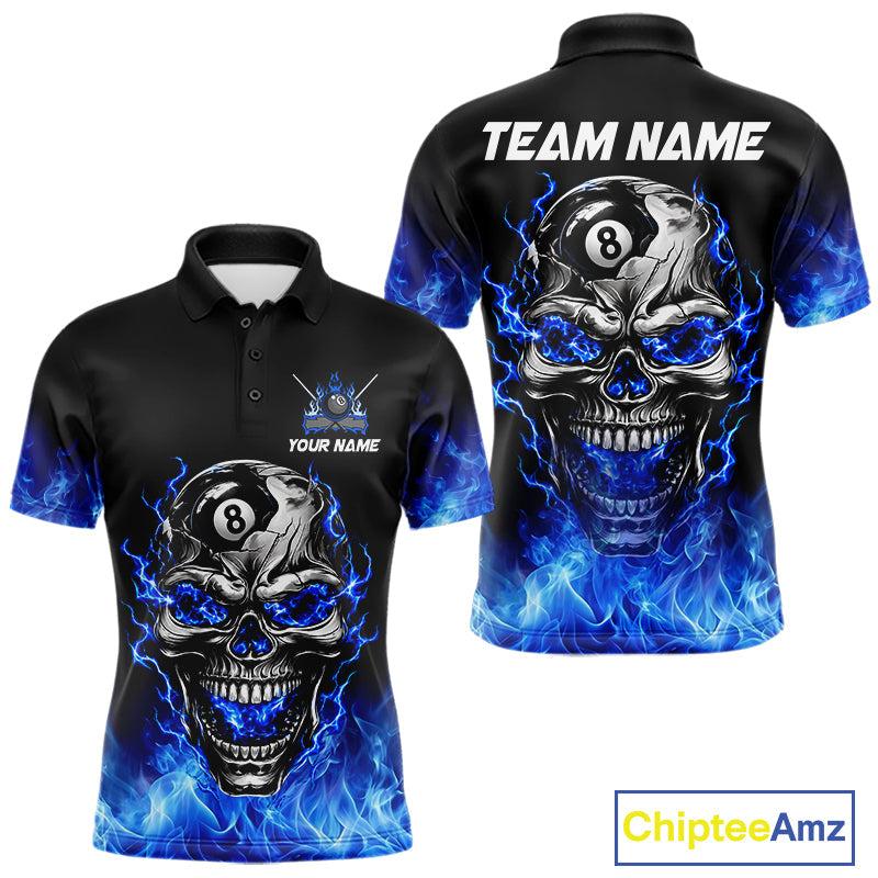 Custom Thunder Blue & Silver Skull 8 Ball Billiard Shirt Billiards Team 1/4-Zip Polo Jersey
