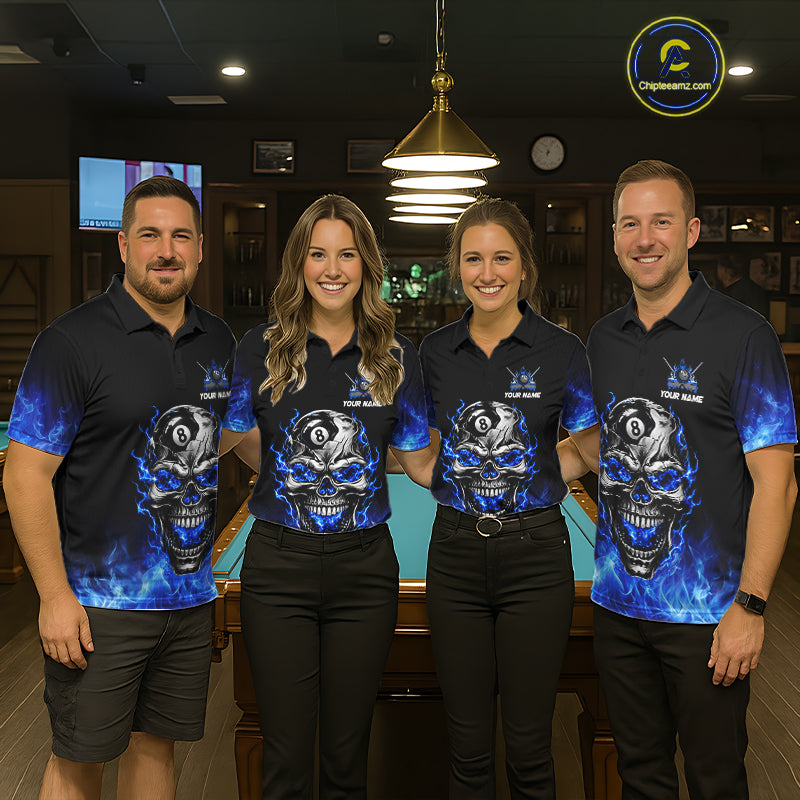 Custom Thunder Blue & Silver Skull 8 Ball Billiard Shirt Billiards Team 1/4-Zip Polo Jersey