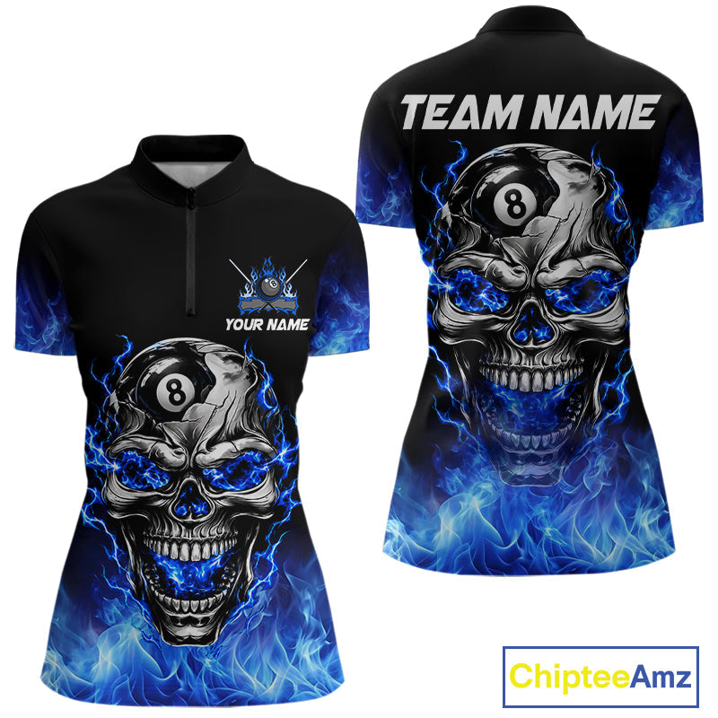 Custom Thunder Blue & Silver Skull 8 Ball Billiard Shirt Billiards Team 1/4-Zip Polo Jersey