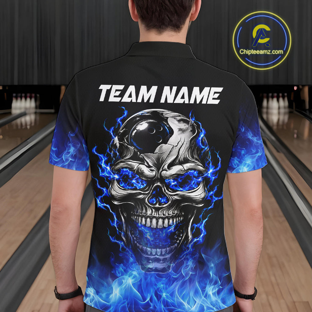 Custom Thunder Blue & Silver Skull Bowling Ball Shirt Bowling Team 1/4-Zip Polo Jersey