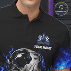 Custom Thunder Blue & Silver Skull Bowling Ball Shirt Bowling Team 1/4-Zip Polo Jersey