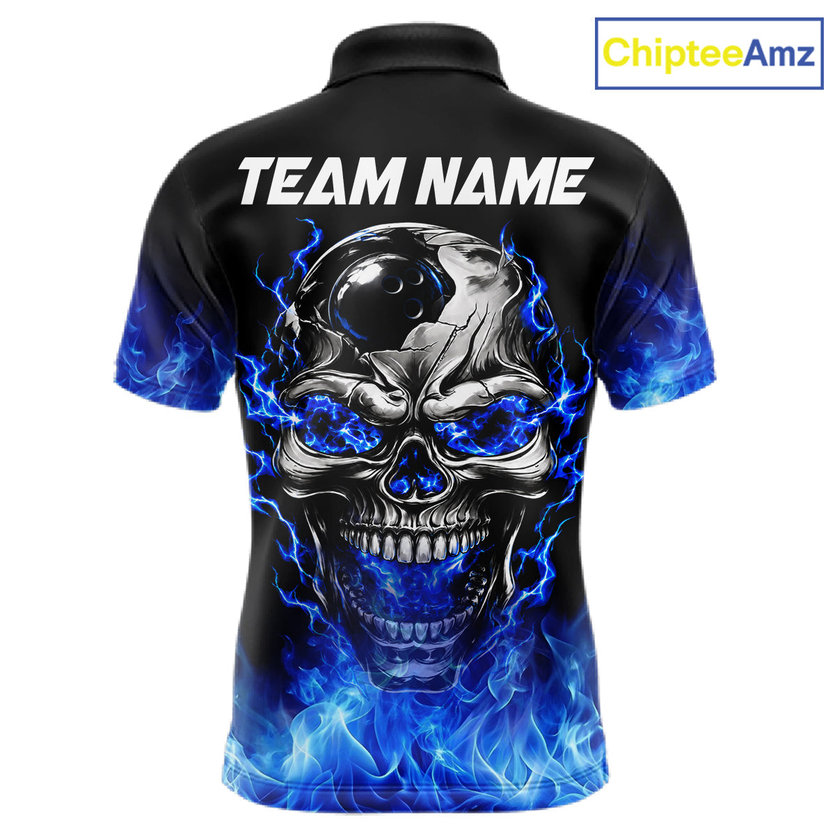 Custom Thunder Blue & Silver Skull Bowling Ball Shirt Bowling Team 1/4-Zip Polo Jersey