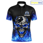Custom Thunder Blue & Silver Skull Bowling Ball Shirt Bowling Team 1/4-Zip Polo Jersey