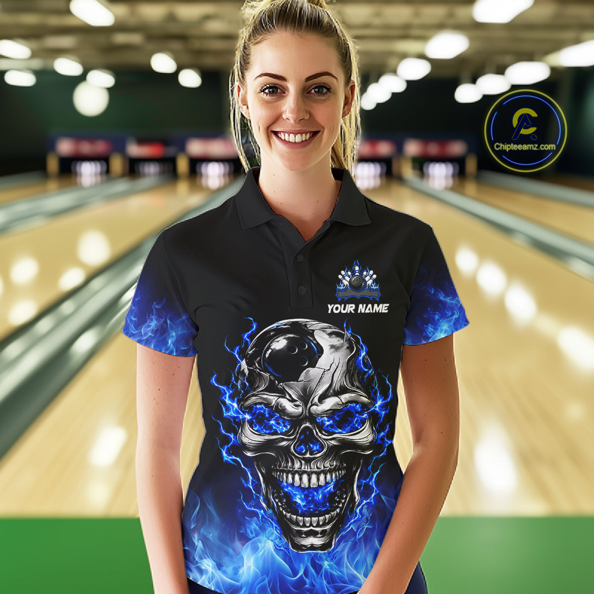 Custom Thunder Blue & Silver Skull Bowling Ball Shirt Bowling Team 1/4-Zip Polo Jersey