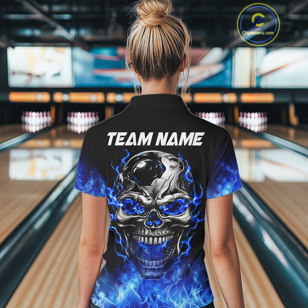 Custom Thunder Blue & Silver Skull Bowling Ball Shirt Bowling Team 1/4-Zip Polo Jersey