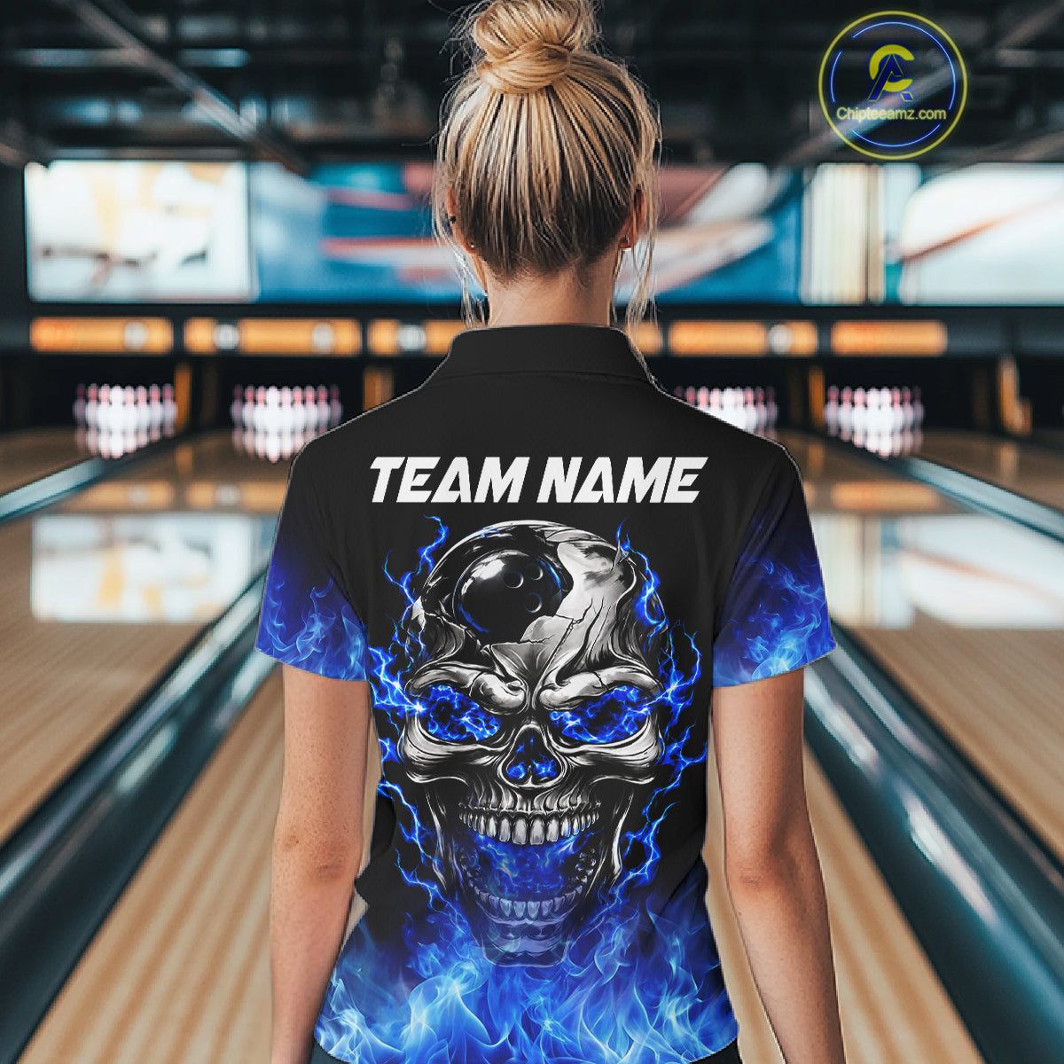 Custom Thunder Blue & Silver Skull Bowling Ball Shirt Bowling Team 1/4-Zip Polo Jersey