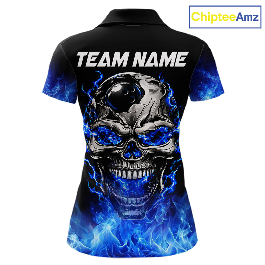 Custom Thunder Blue & Silver Skull Bowling Ball Shirt Bowling Team 1/4-Zip Polo Jersey