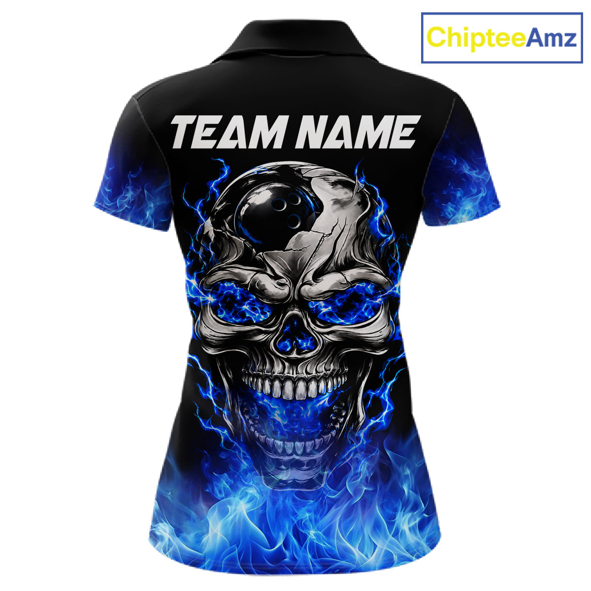 Custom Thunder Blue & Silver Skull Bowling Ball Shirt Bowling Team 1/4-Zip Polo Jersey