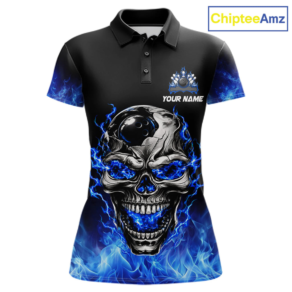 Custom Thunder Blue & Silver Skull Bowling Ball Shirt Bowling Team 1/4-Zip Polo Jersey