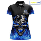 Custom Thunder Blue & Silver Skull Bowling Ball Shirt Bowling Team 1/4-Zip Polo Jersey