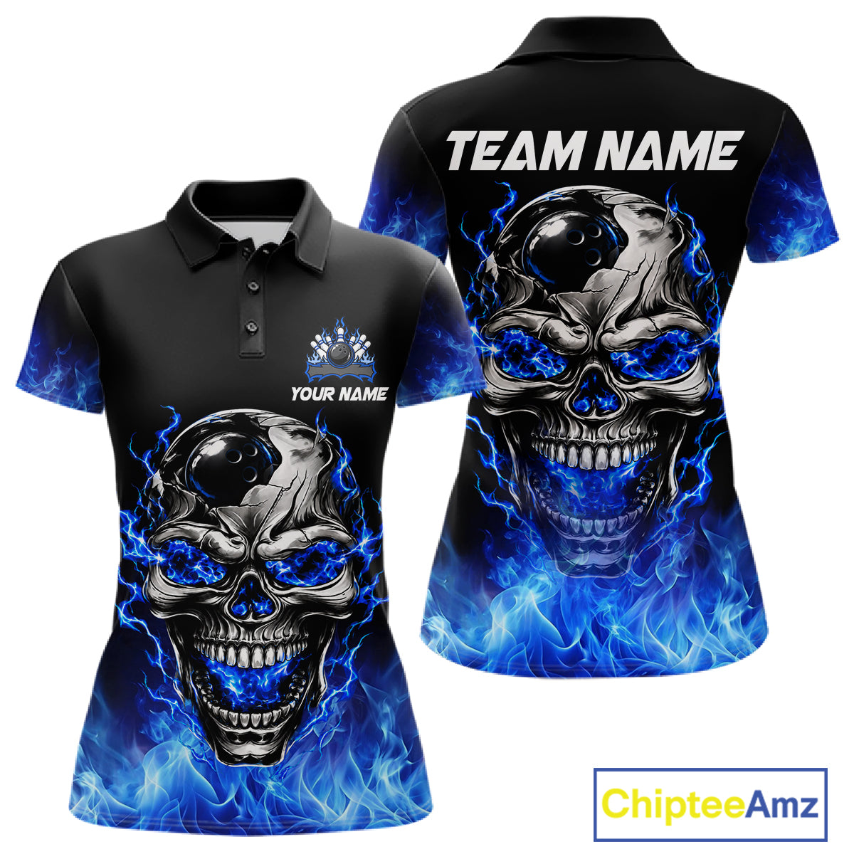 Custom Thunder Blue & Silver Skull Bowling Ball Shirt Bowling Team 1/4-Zip Polo Jersey