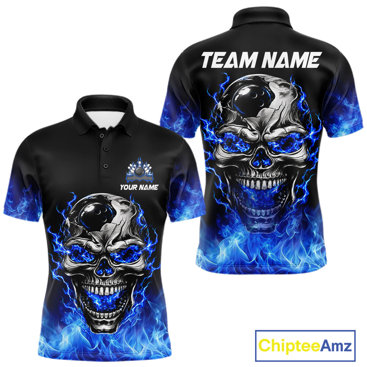 Custom Thunder Blue & Silver Skull Bowling Ball Shirt Bowling Team 1/4-Zip Polo Jersey