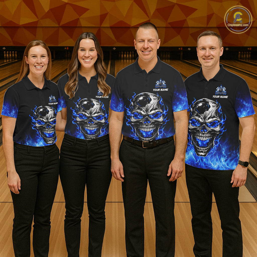 Custom Thunder Blue & Silver Skull Bowling Ball Shirt Bowling Team 1/4-Zip Polo Jersey