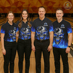 Custom Thunder Blue & Silver Skull Bowling Ball Shirt Bowling Team 1/4-Zip Polo Jersey