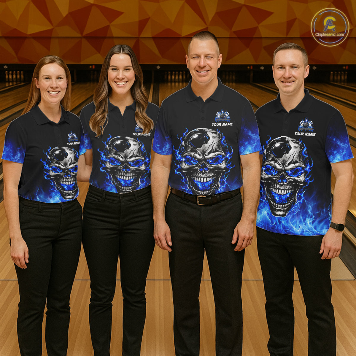 Custom Thunder Blue & Silver Skull Bowling Ball Shirt Bowling Team 1/4-Zip Polo Jersey