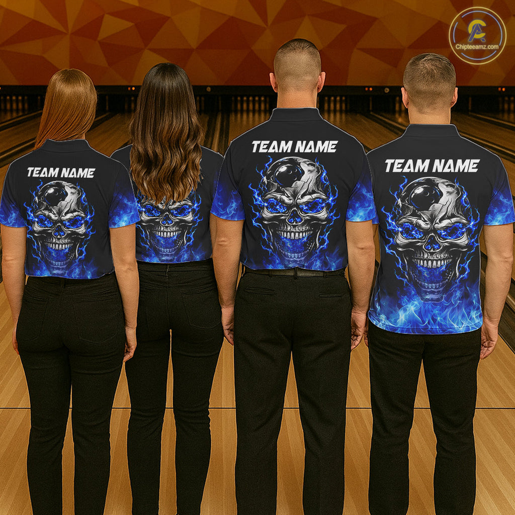 Custom Thunder Blue & Silver Skull Bowling Ball Shirt Bowling Team 1/4-Zip Polo Jersey