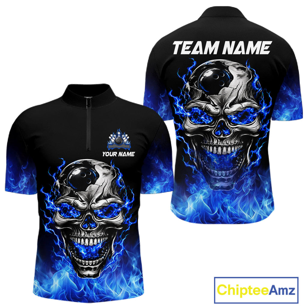 Custom Thunder Blue & Silver Skull Bowling Ball Shirt Bowling Team 1/4-Zip Polo Jersey