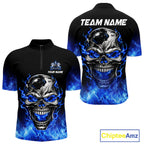 Custom Thunder Blue & Silver Skull Bowling Ball Shirt Bowling Team 1/4-Zip Polo Jersey