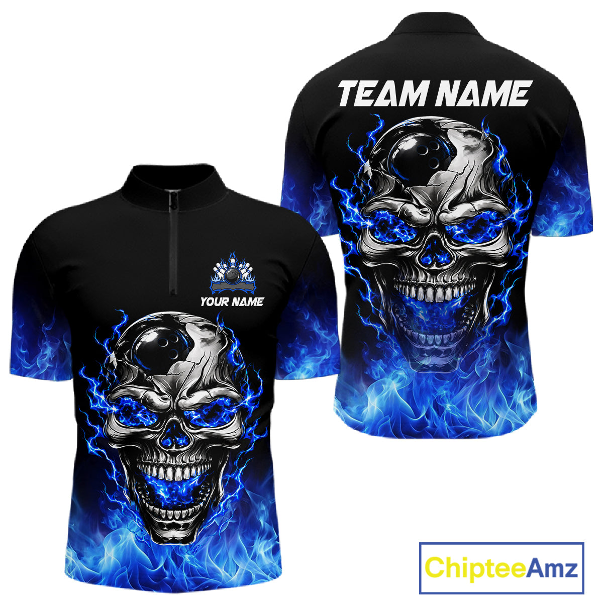 Custom Thunder Blue & Silver Skull Bowling Ball Shirt Bowling Team 1/4-Zip Polo Jersey