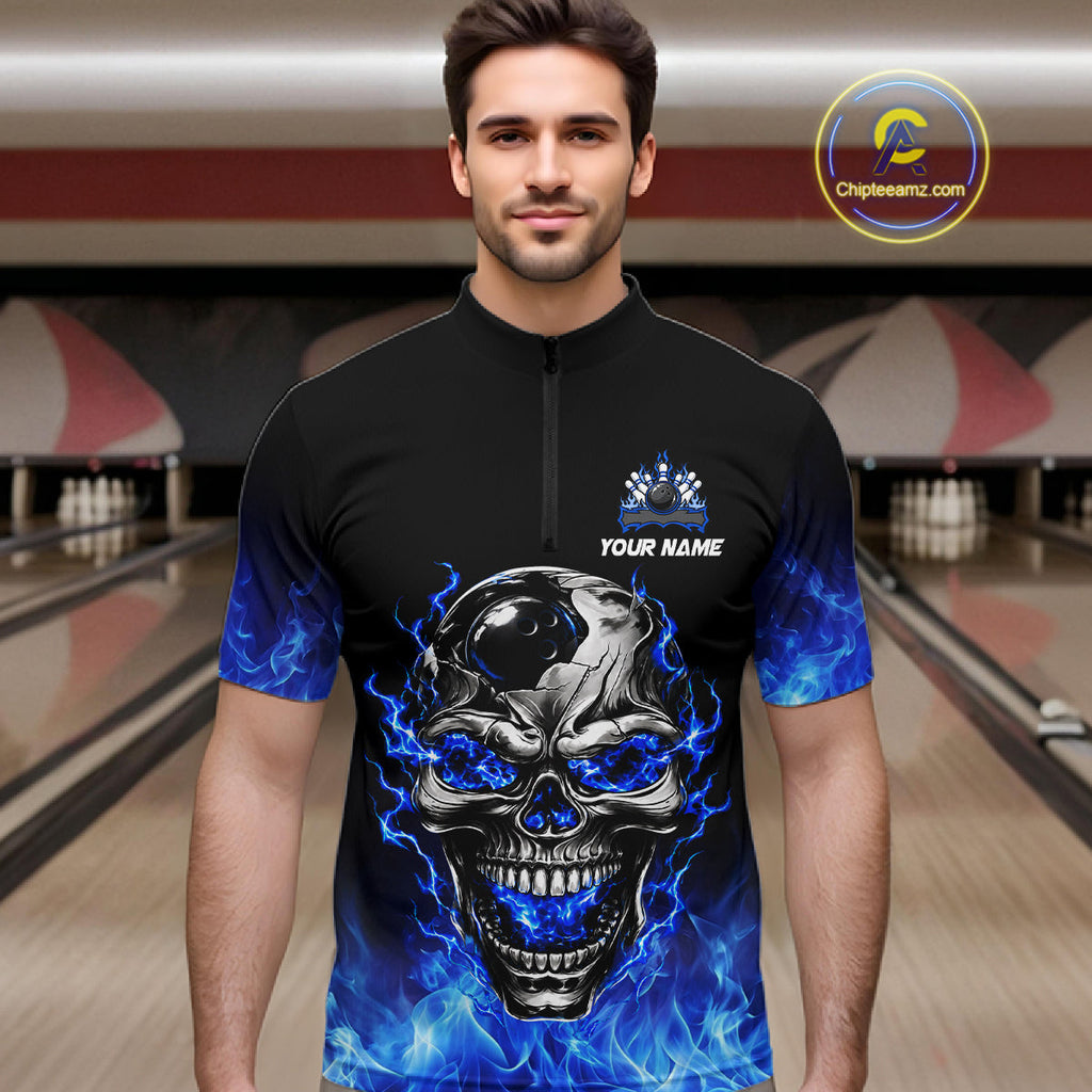 Custom Thunder Blue & Silver Skull Bowling Ball Shirt Bowling Team 1/4-Zip Polo Jersey