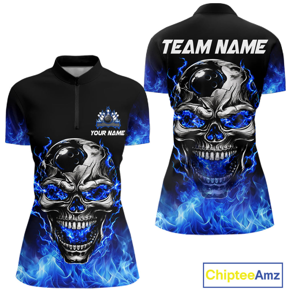 Custom Thunder Blue & Silver Skull Bowling Ball Shirt Bowling Team 1/4-Zip Polo Jersey