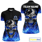 Custom Thunder Blue & Silver Skull Bowling Ball Shirt Bowling Team 1/4-Zip Polo Jersey