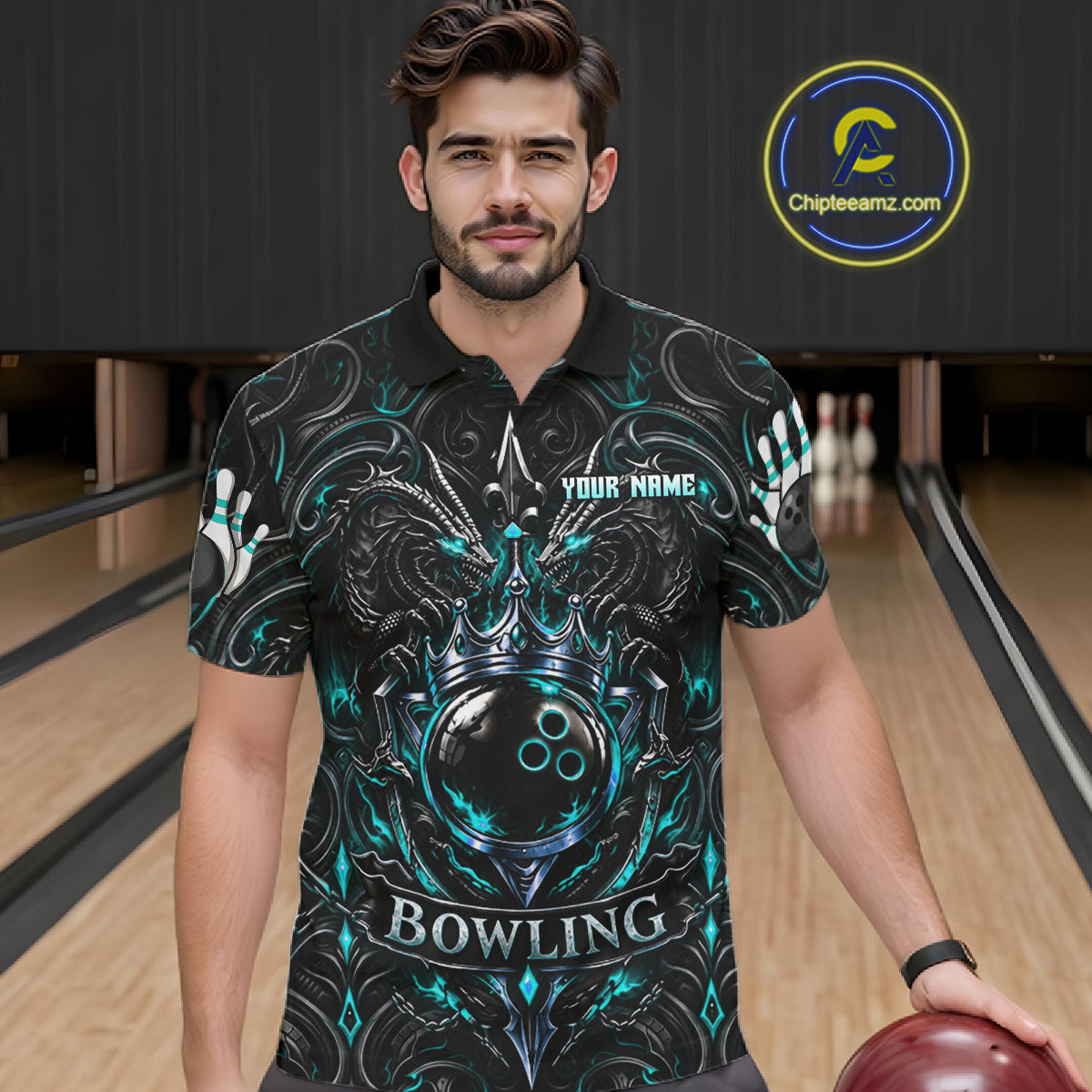 's Teal Gothic Dragon Bowling Polo Quarter-Zip Shirt Custom Neon Blue Strike Bowling Team Jersey