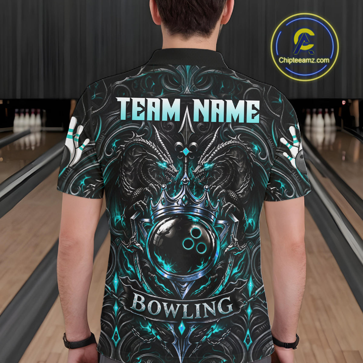 's Teal Gothic Dragon Bowling Polo Quarter-Zip Shirt Custom Neon Blue Strike Bowling Team Jersey