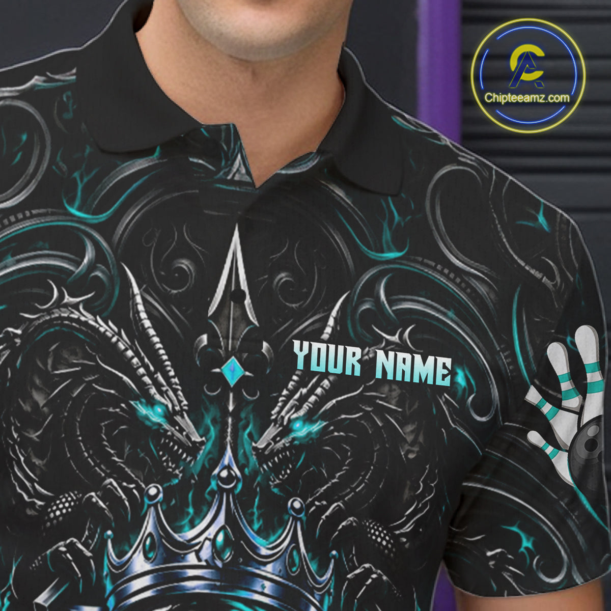's Teal Gothic Dragon Bowling Polo Quarter-Zip Shirt Custom Neon Blue Strike Bowling Team Jersey