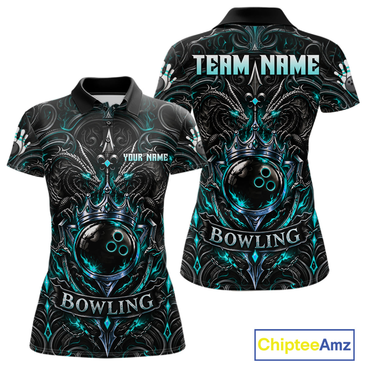 Teal Gothic Dragon Bowling Polo Quarter-Zip Shirt Custom Neon Blue Strike Bowling Team Jersey