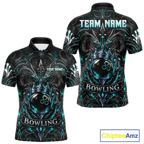 's Teal Gothic Dragon Bowling Polo Quarter-Zip Shirt Custom Neon Blue Strike Bowling Team Jersey