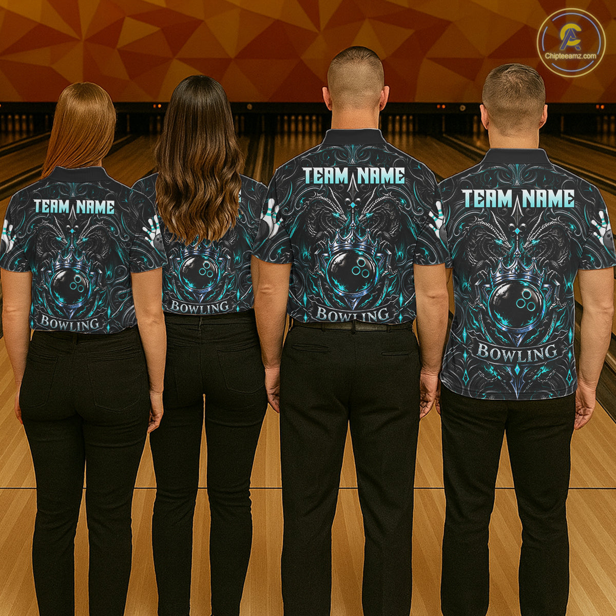 's Teal Gothic Dragon Bowling Polo Quarter-Zip Shirt Custom Neon Blue Strike Bowling Team Jersey