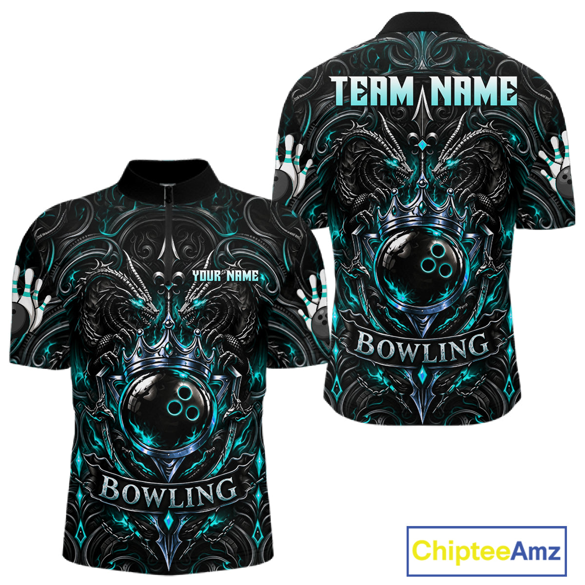 's Teal Gothic Dragon Bowling Polo Quarter-Zip Shirt Custom Neon Blue Strike Bowling Team Jersey