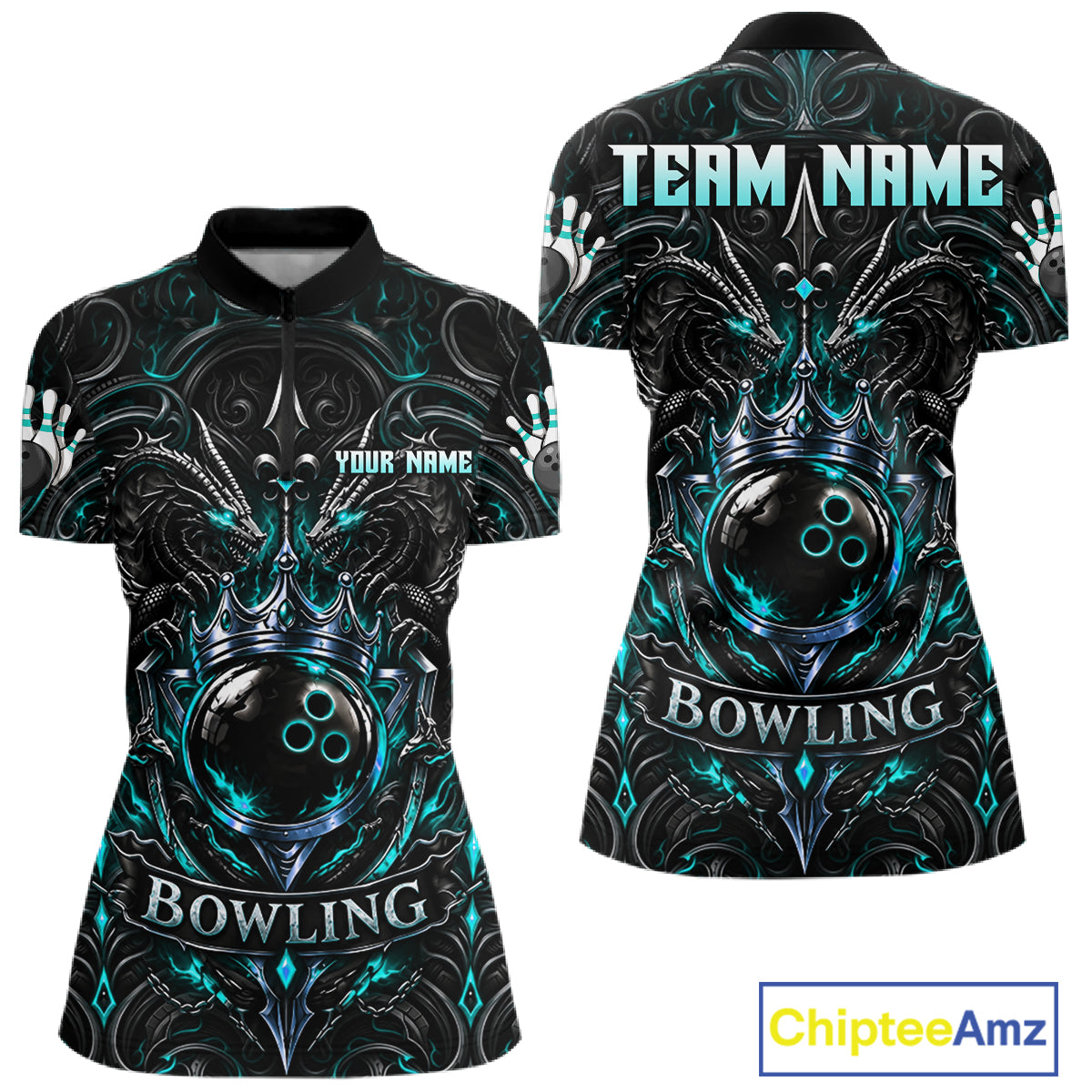 Teal Gothic Dragon Bowling Polo Quarter-Zip Shirt Custom Neon Blue Strike Bowling Team Jersey