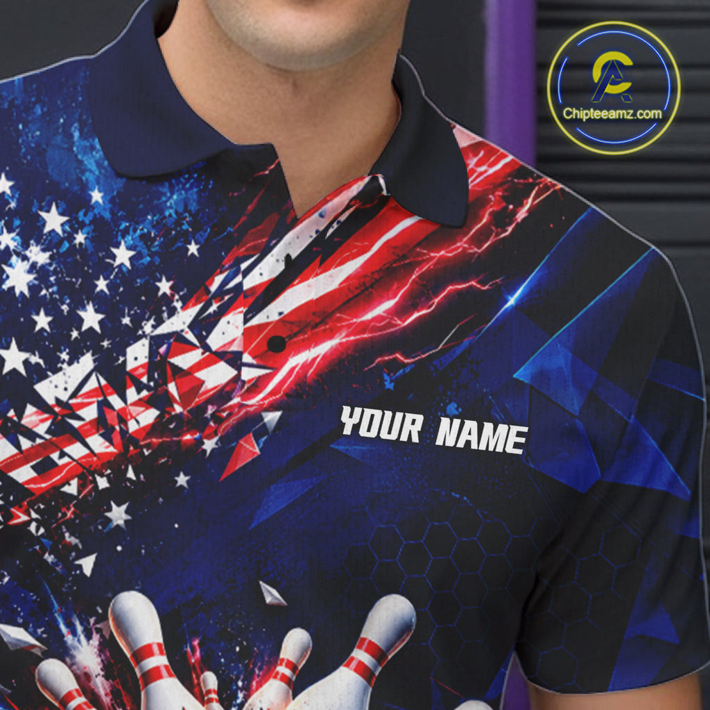 Cracked US Flag Bowling Polo 1/4-Zip Shirt Custom American Flag Strike Apparel Bowling Jersey