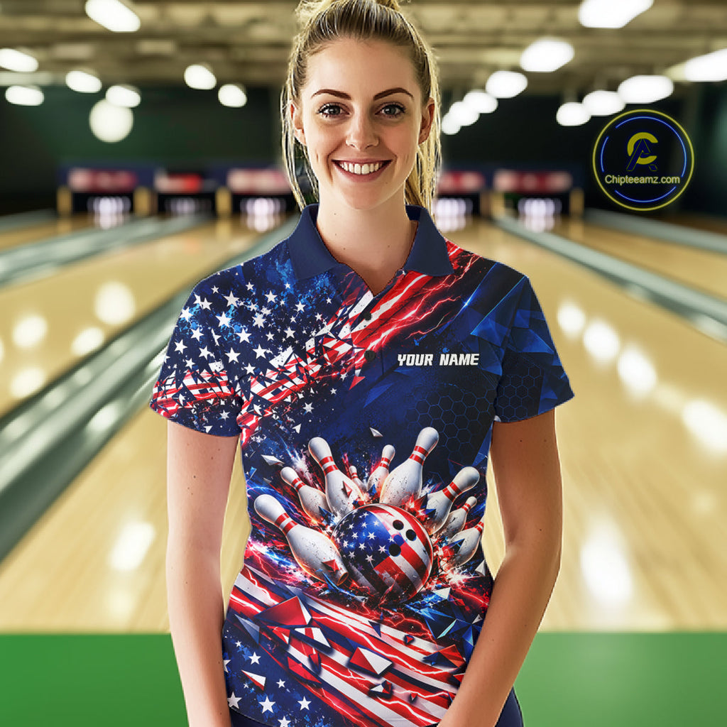 Cracked US Flag Bowling Polo 1/4-Zip Shirt Custom American Flag Strike Apparel Bowling Jersey