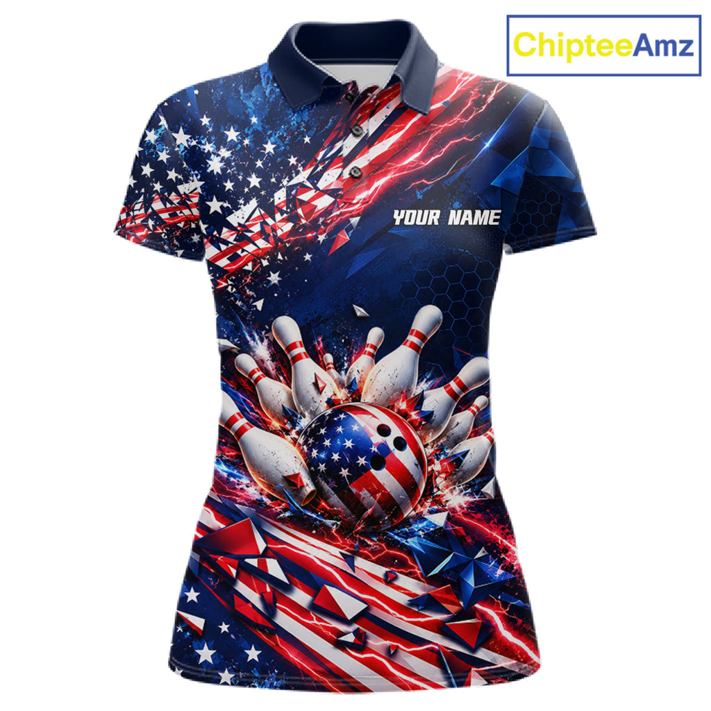 Cracked US Flag Bowling Polo 1/4-Zip Shirt Custom American Flag Strike Apparel Bowling Jersey