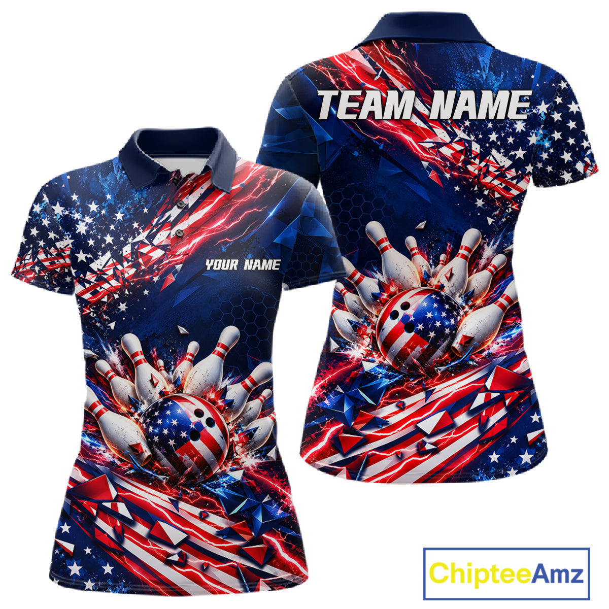 Cracked US Flag Bowling Polo 1/4-Zip Shirt Custom American Flag Strike Apparel Bowling Jersey