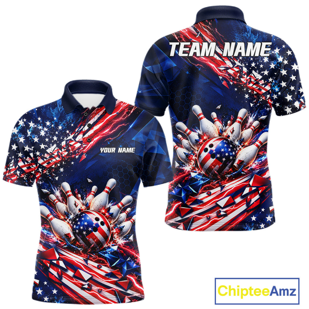 Cracked US Flag Bowling Polo 1/4-Zip Shirt Custom American Flag Strike Apparel Bowling Jersey