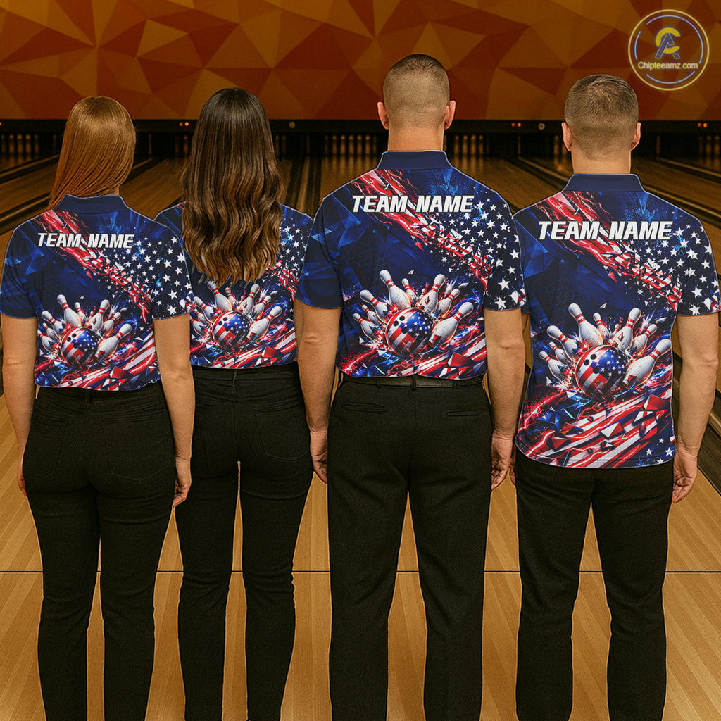 Cracked US Flag Bowling Polo 1/4-Zip Shirt Custom American Flag Strike Apparel Bowling Jersey