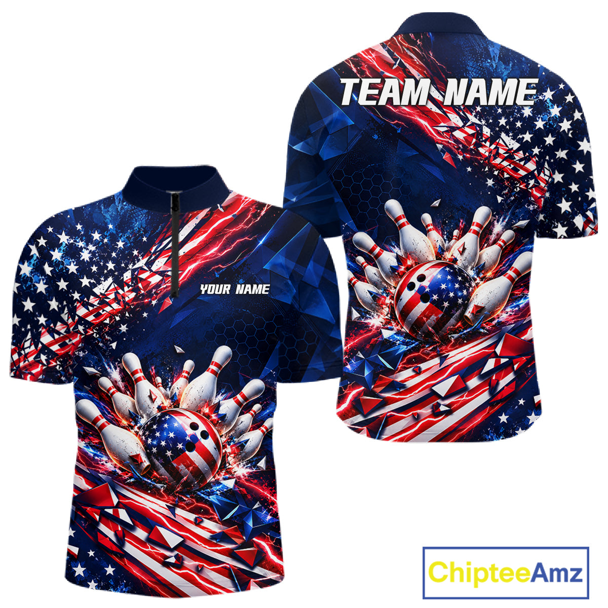 Cracked US Flag Bowling Polo 1/4-Zip Shirt Custom American Flag Strike Apparel Bowling Jersey
