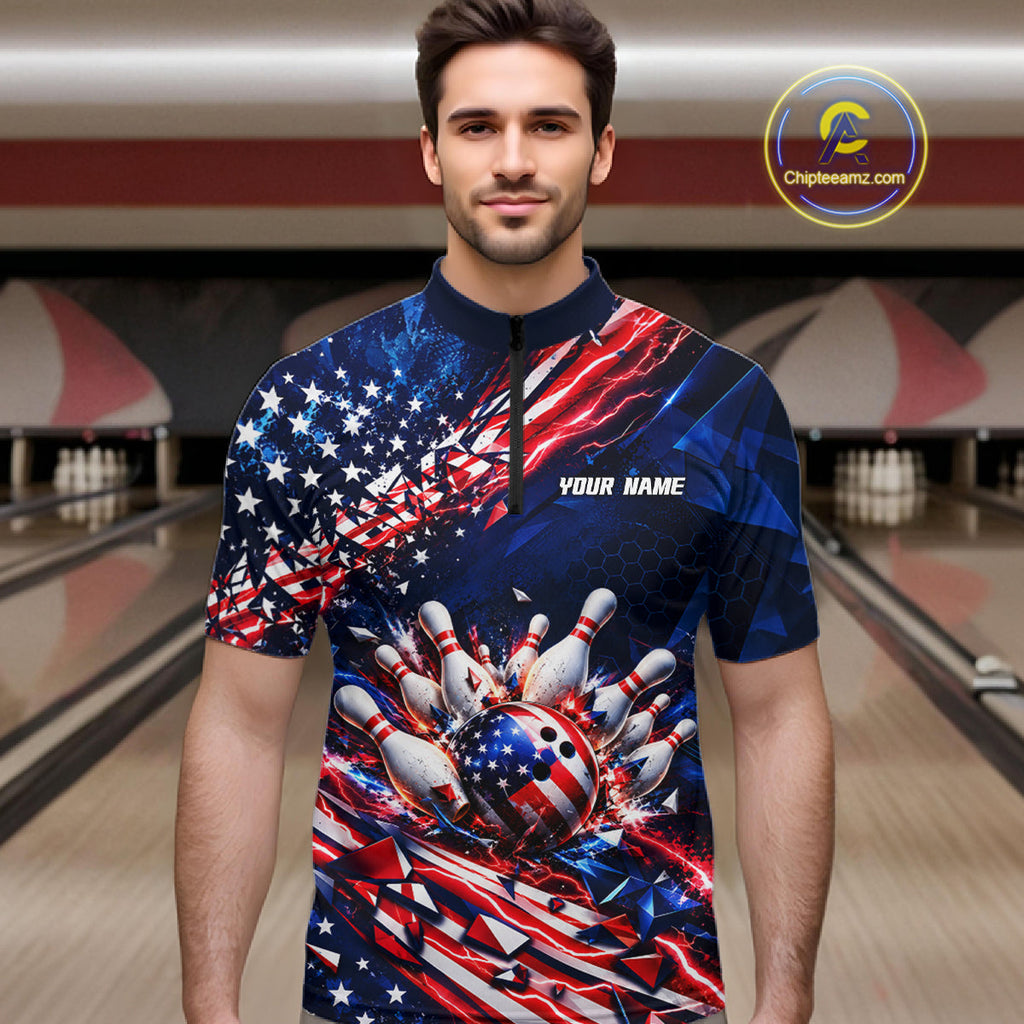 Cracked US Flag Bowling Polo 1/4-Zip Shirt Custom American Flag Strike Apparel Bowling Jersey