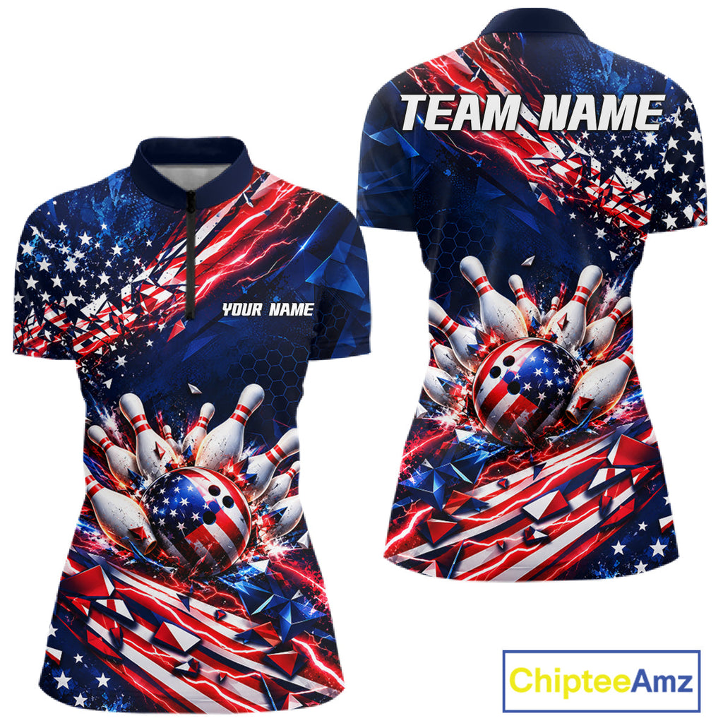 Cracked US Flag Bowling Polo 1/4-Zip Shirt Custom American Flag Strike Apparel Bowling Jersey