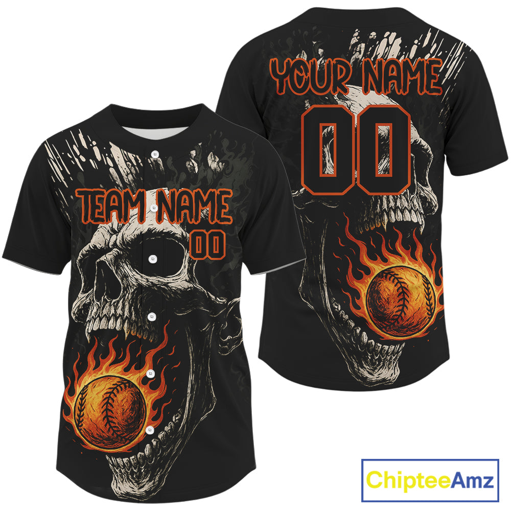 Custom Black Grunge Fire Flames Baseball Ball Shirt Horror Baseball Jerseys