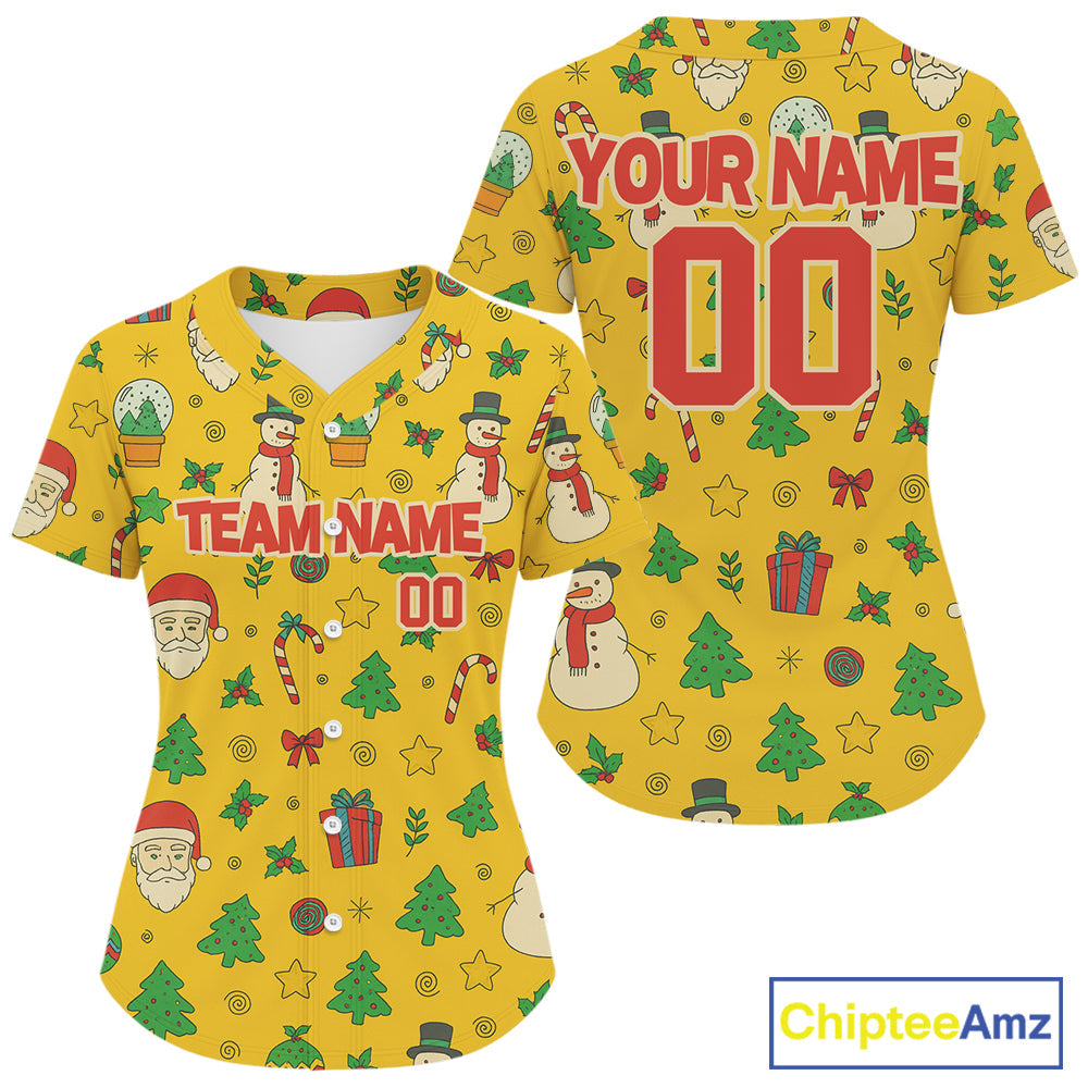 Custom Yellow Santa-Claus Christmas Baseball Shirt Xmas Funny Baseball Jerseys