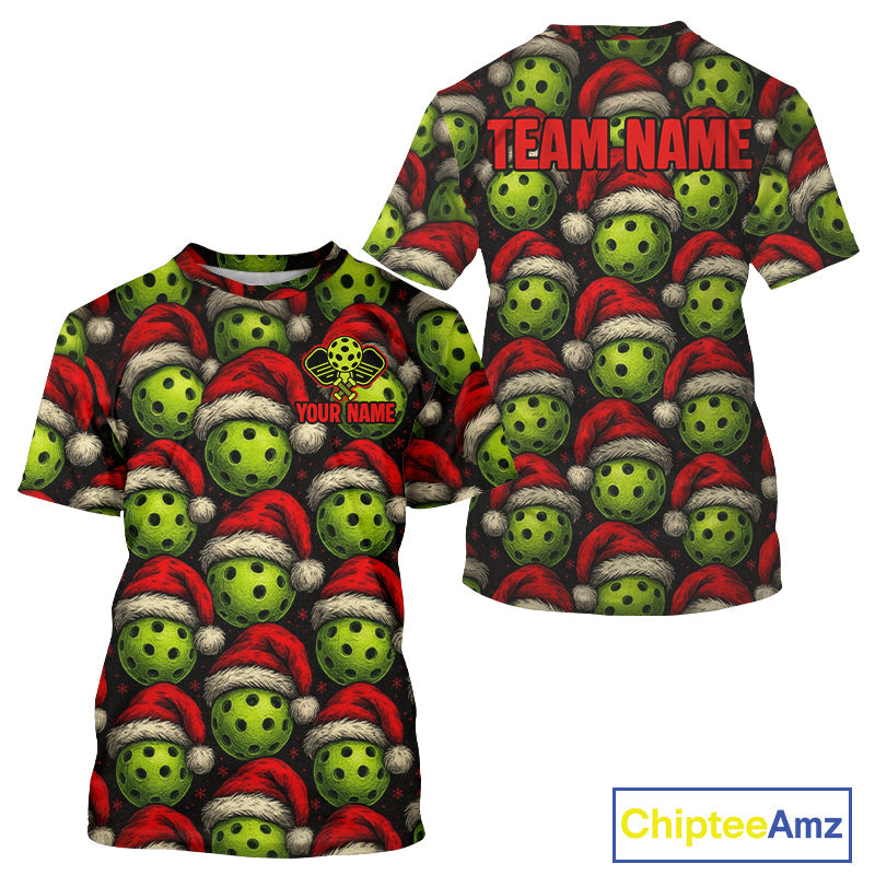 Custom Funny Christmas Pickleball Ball T-Shirt Xmas Pickleball Jerseys
