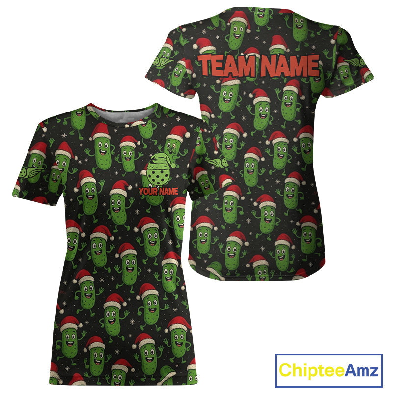Custom Santa Hat Pickle Christmas Pickleball T-Shirt Xmas Funny Pickleball Jerseys