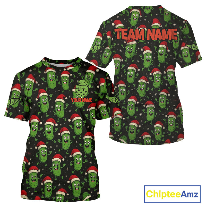 Custom Santa Hat Pickle Christmas Pickleball T-Shirt Xmas Funny Pickleball Jerseys