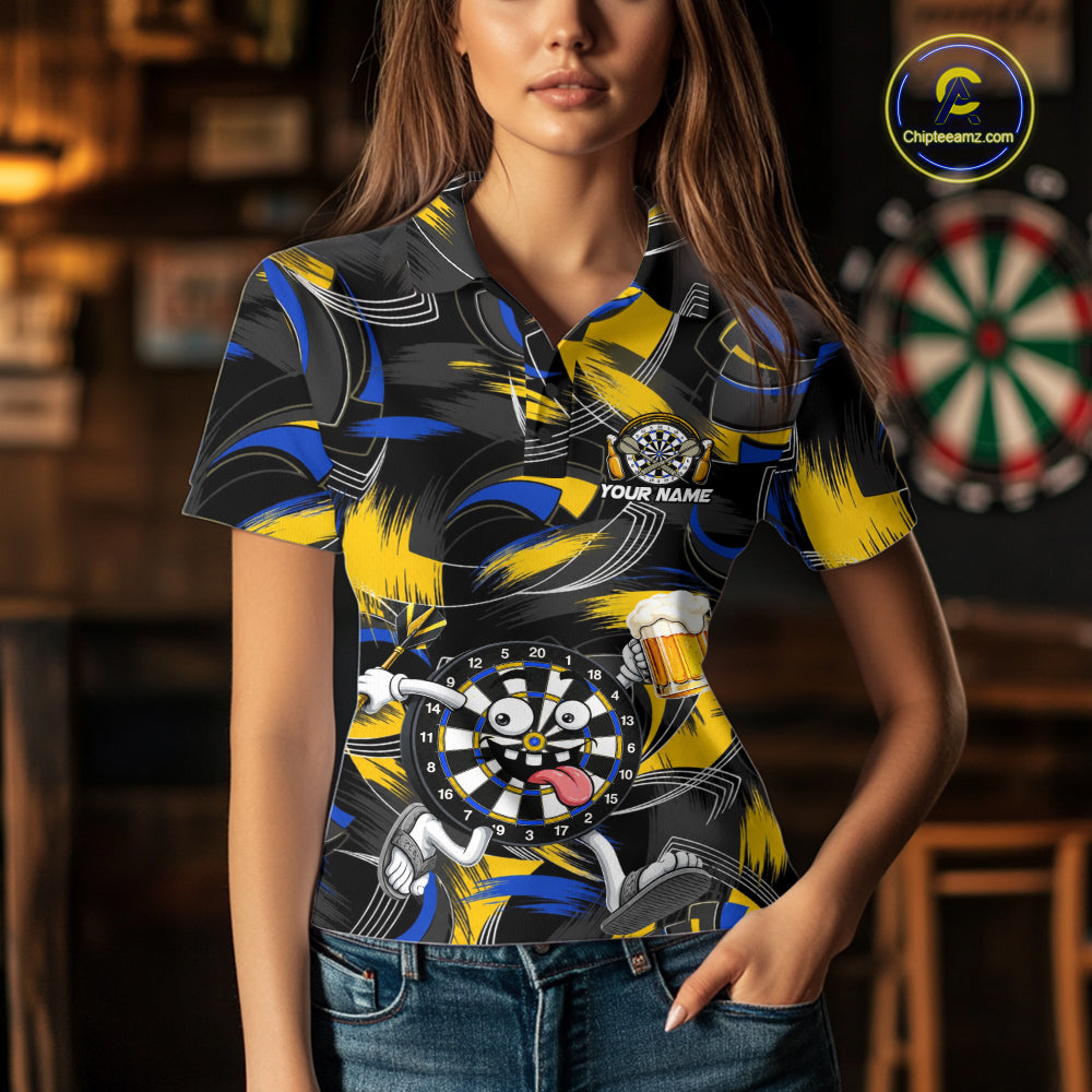 Yellow And Blue Paint Dartboard Funny Beer Darts Team Shirt Custom Darts Polo 1/4-Zip Jersey