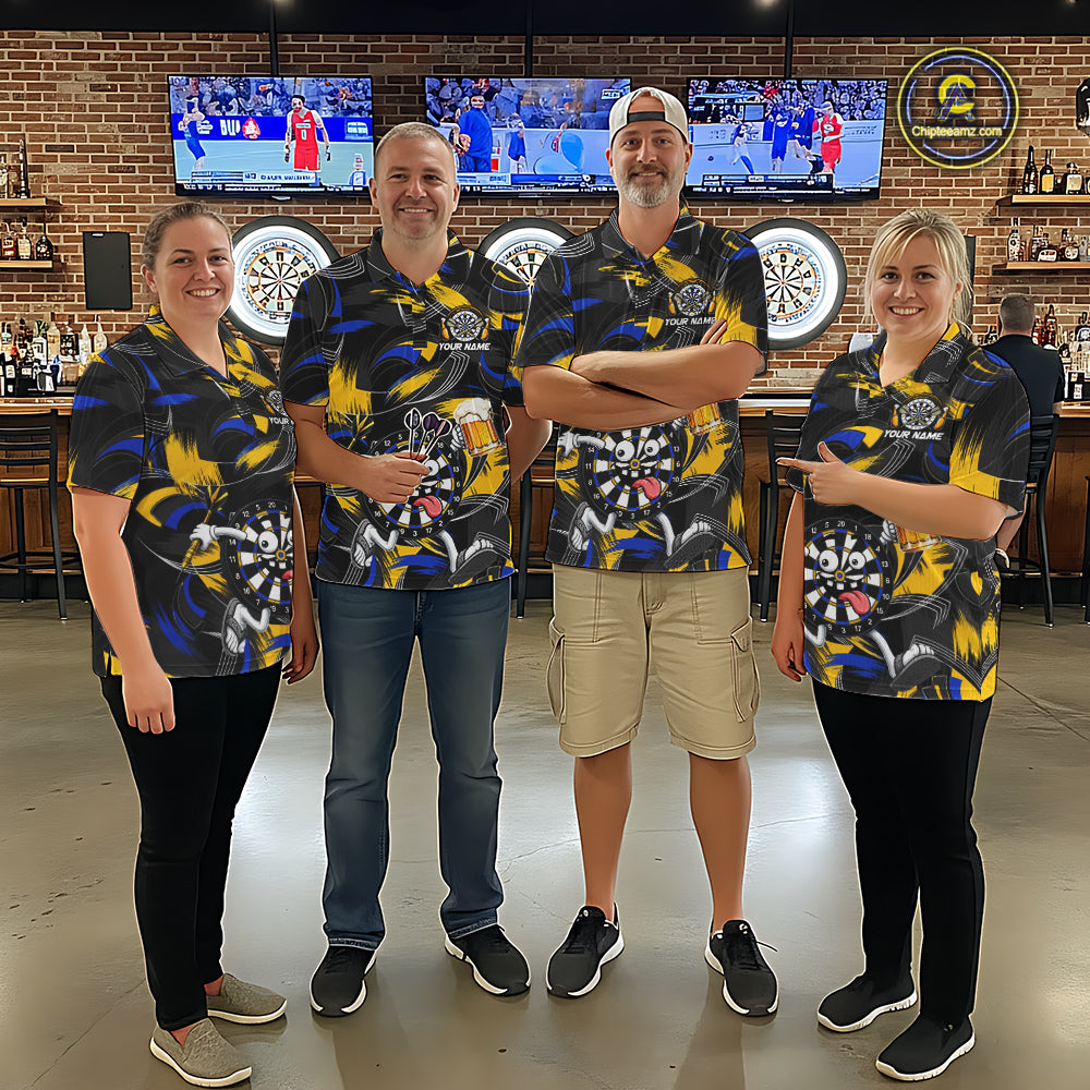 Yellow And Blue Paint Dartboard Funny Beer Darts Team Shirt Custom Darts Polo 1/4-Zip Jersey
